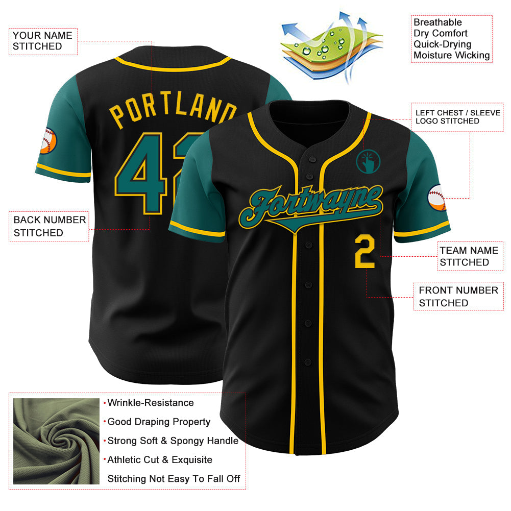 Custom Black Teal-Yellow Authentic Two Tone Baseball Jersey