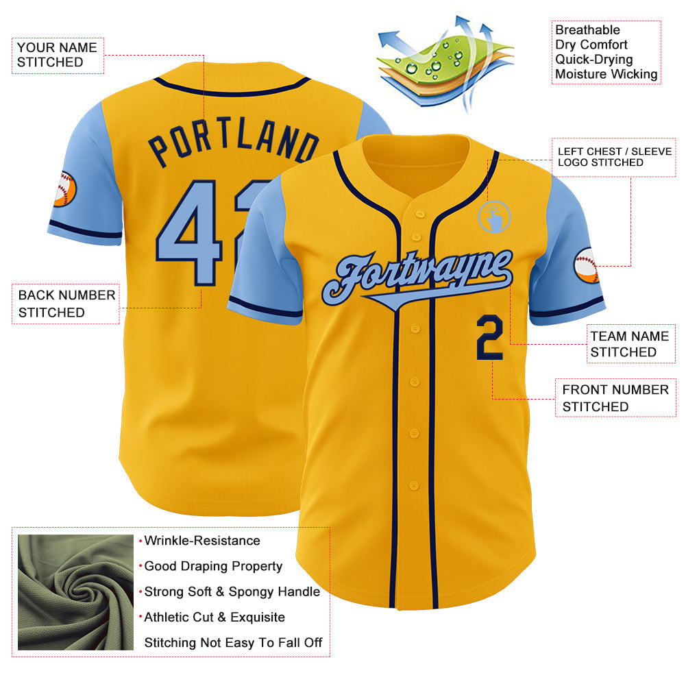 Custom Gold Light Blue-Navy Authentic Two Tone Baseball Jersey