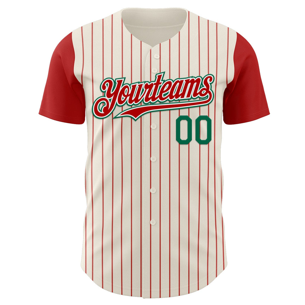 Custom Cream Red Pinstripe White-Kelly Green Authentic Two Tone Baseball Jersey
