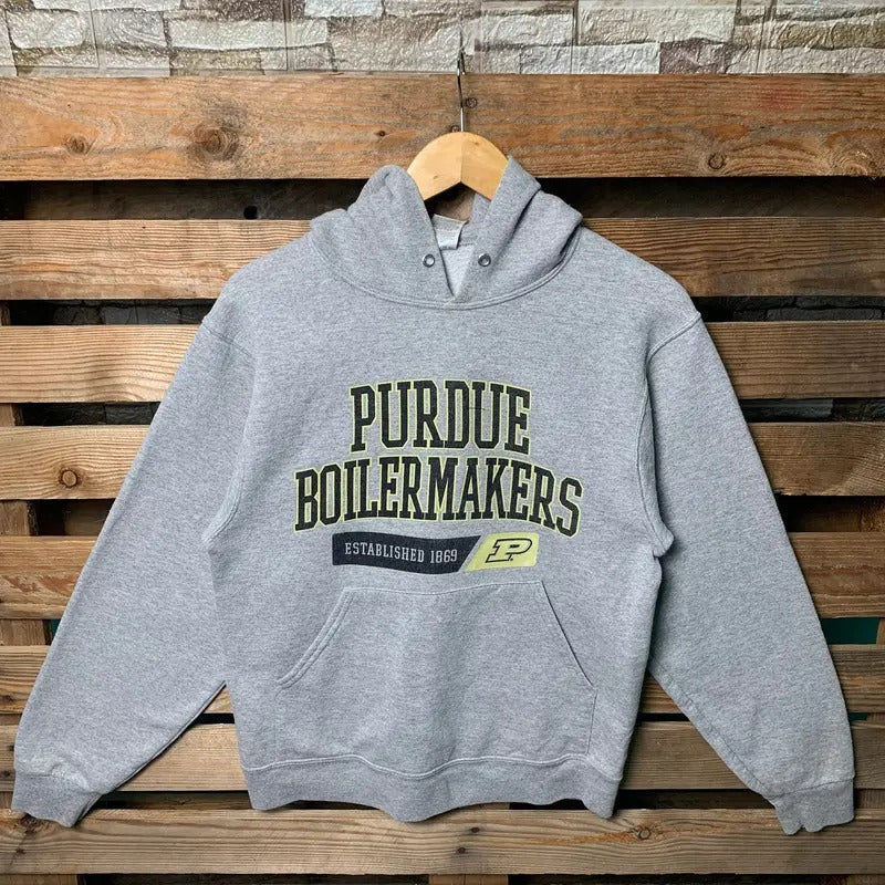 Vintage NCAA Purdue Boilermakers Purdue Hooded Purdue Boilermakers Logo Print Purdue Boilermakers Football Gray T-Shirts