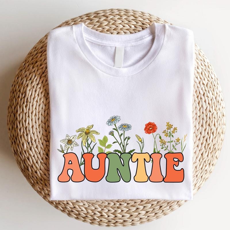 Wildflowers Auntie Shirt Aunt New Tia Be Retro Aunt Shirt Baby Announcement Aunt T-Shirts