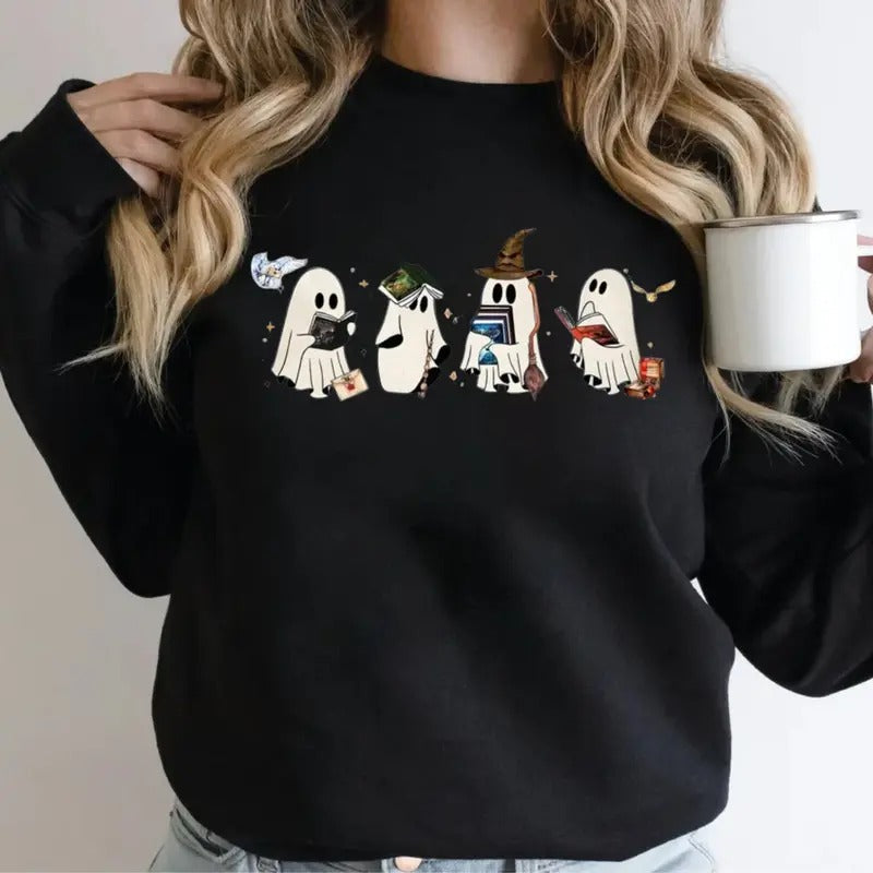 Wizard Ghost Book Ghost Bookish Shirt Wizard Ghost Halloween Book Lovers Bookish Halloween Long Sleeve T-Shirts