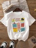 Cartoon List Print Round Neck Casual Short Sleeve Summer Clothes Daily T-Shirts