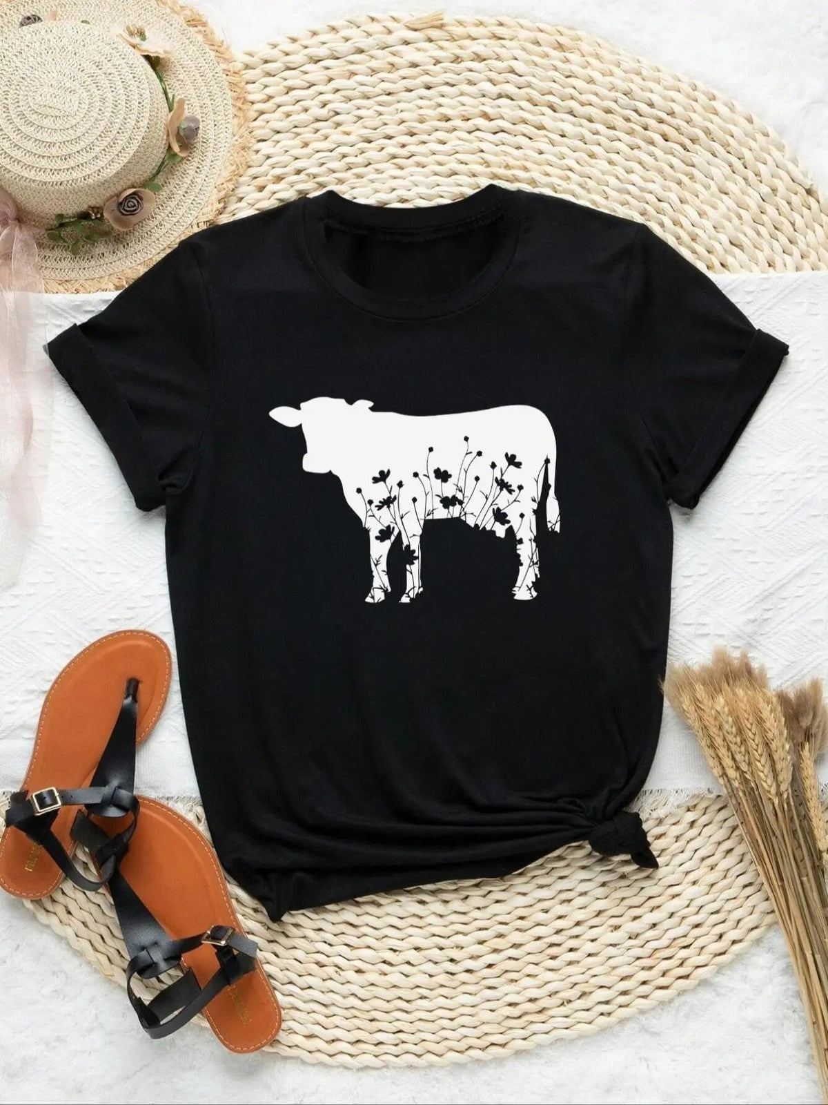 Cow & Floral Print Round Neck Casual Short Sleeve Crew Neck Daily Clothes All Seasons T-Shirts