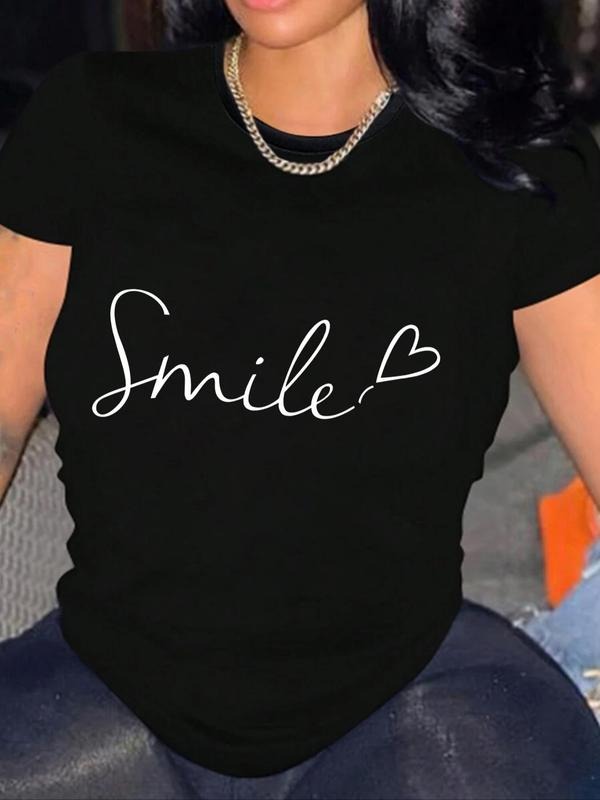 Heart & Letter Print Round Neck Casual Crew Neck Short Sleeve Summer Clothes Daily T-Shirts