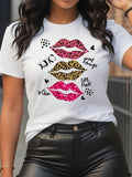 Leopard Lip & Letter Print Round Neck Casual Short Sleeve Daily Summer Clothes T-Shirts