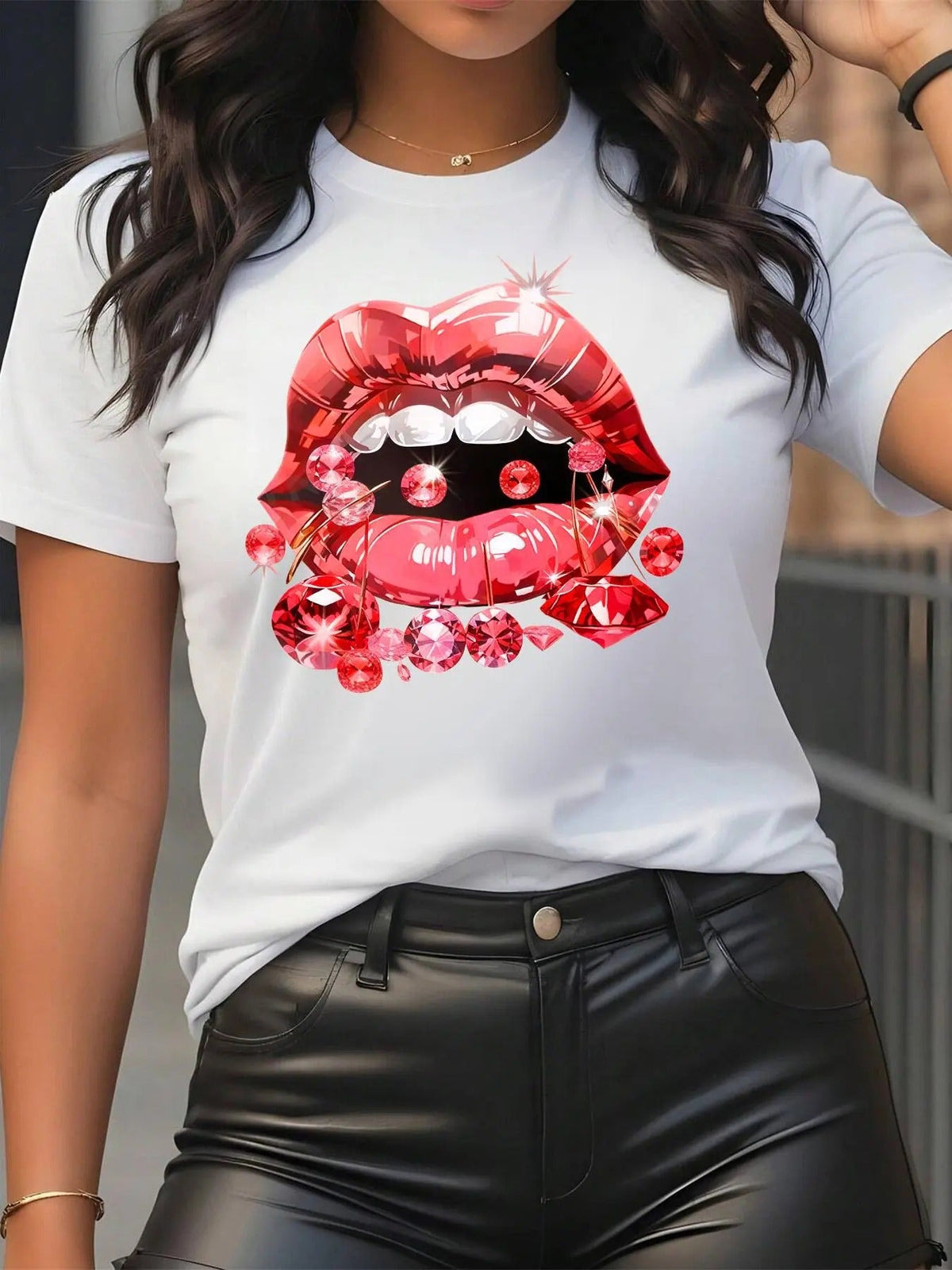 Lip & Faux Diamond Print Round Neck Casual Short Sleeve Crew Neck Daily Outdoor Clothes Summer T-Shirts