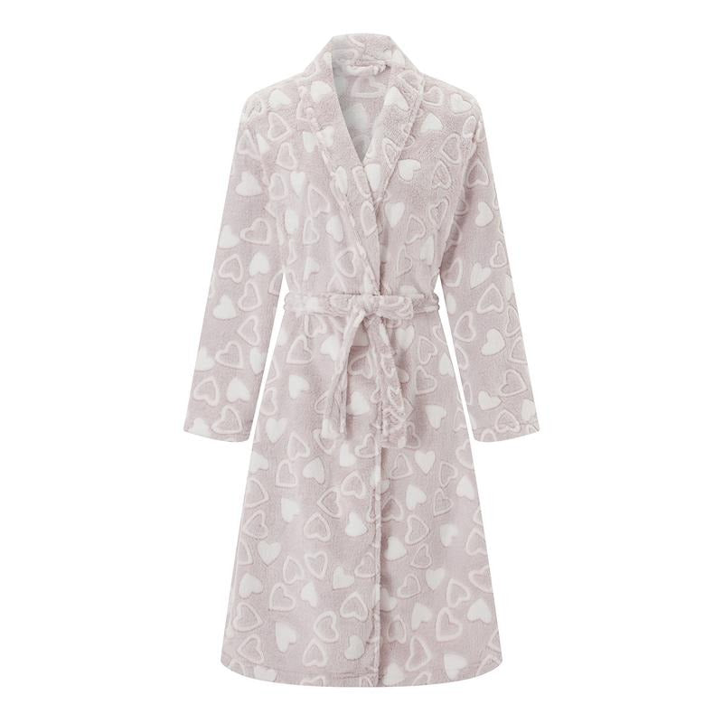Thick Flannel Bathrobe Heart Print Long Sleeve Fuzzy Plush Shawl Collar Bath Robe Belt T-Shirts