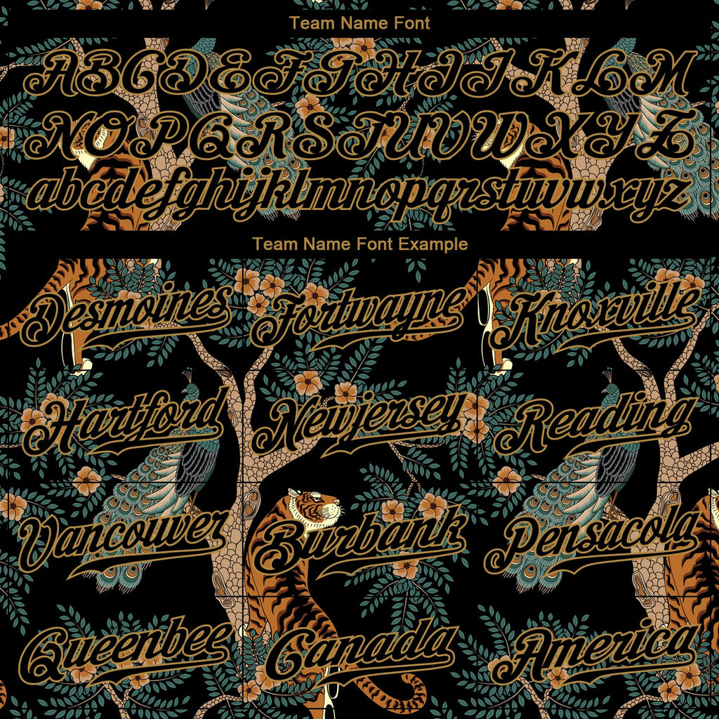 Custom Black Black-Old Gold 3D Pattern Design Tiger And Peacock Authentic Baseball Jersey