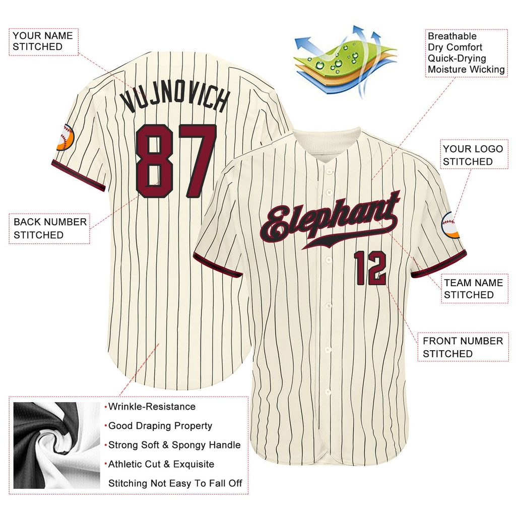 Custom Cream Black Pinstripe Crimson-Black Authentic Baseball Jersey