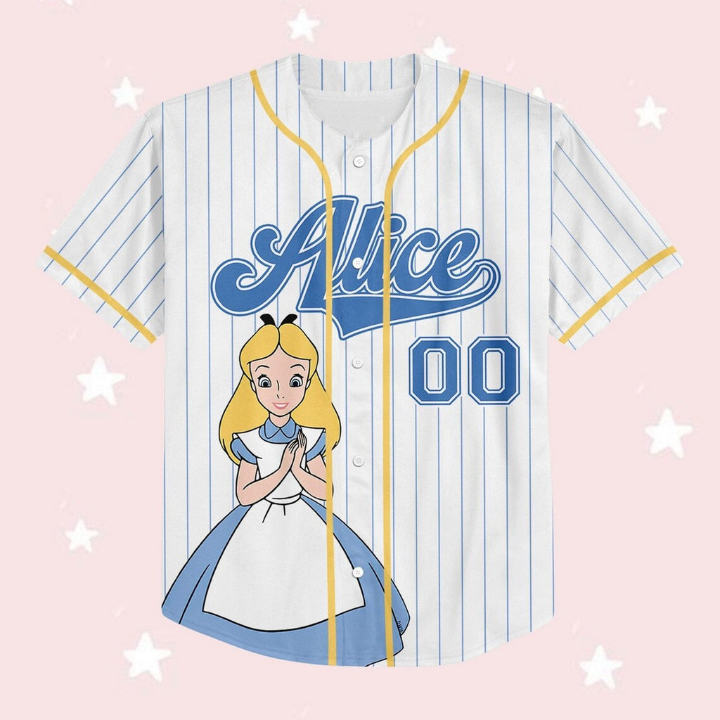 Custom Name And Number Alice In Wonderland Stripes White Baseball Jersey