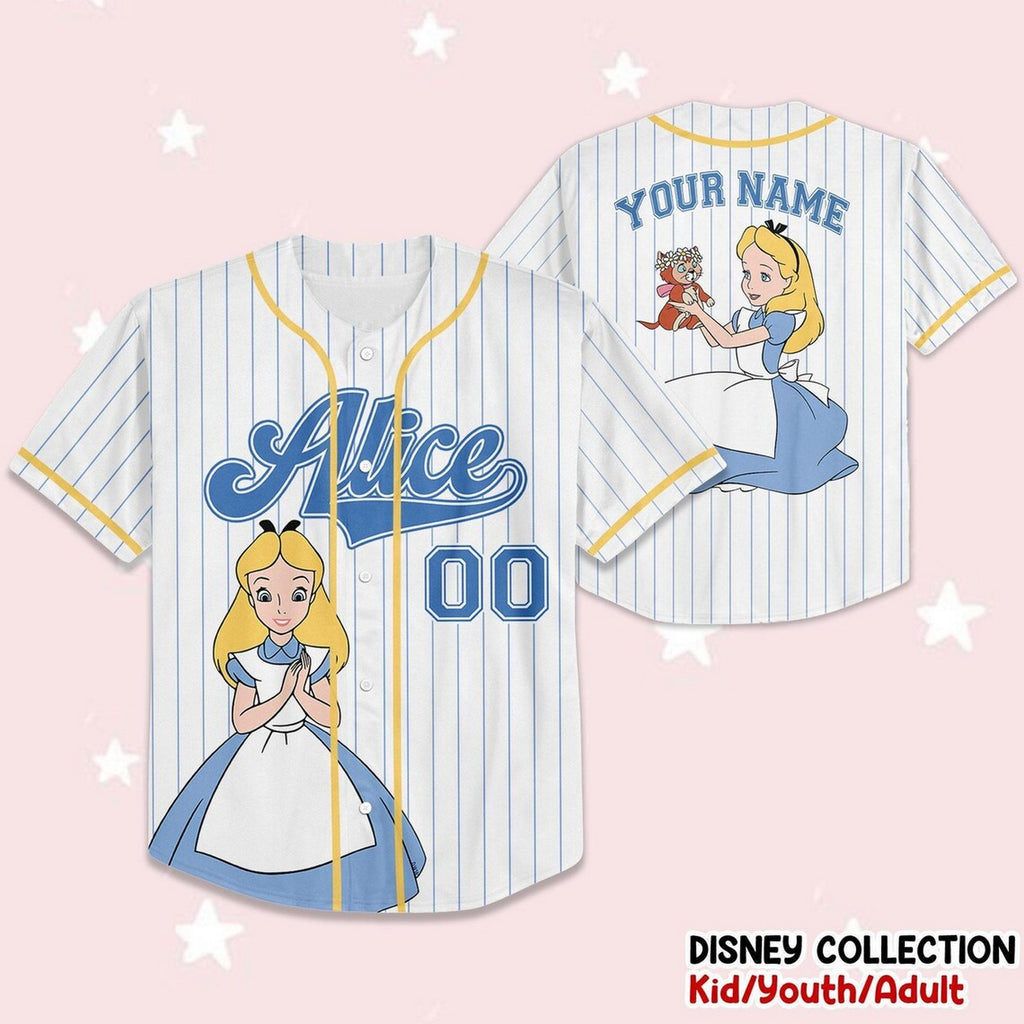 Custom Name And Number Alice In Wonderland Stripes White Baseball Jersey