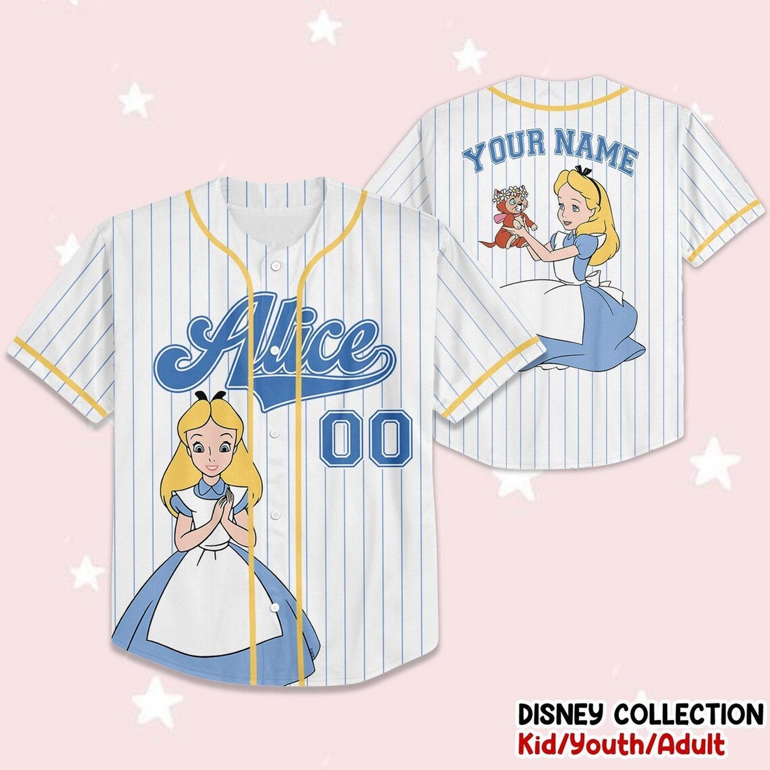 Custom Name And Number Alice In Wonderland Stripes White Baseball Jersey