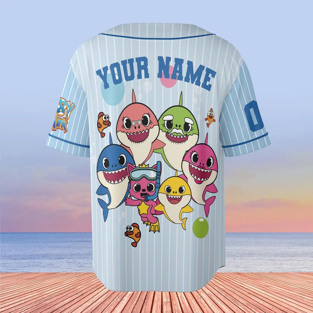 Custom Name And Number Cute Baby Shark Blue Baseball Jersey