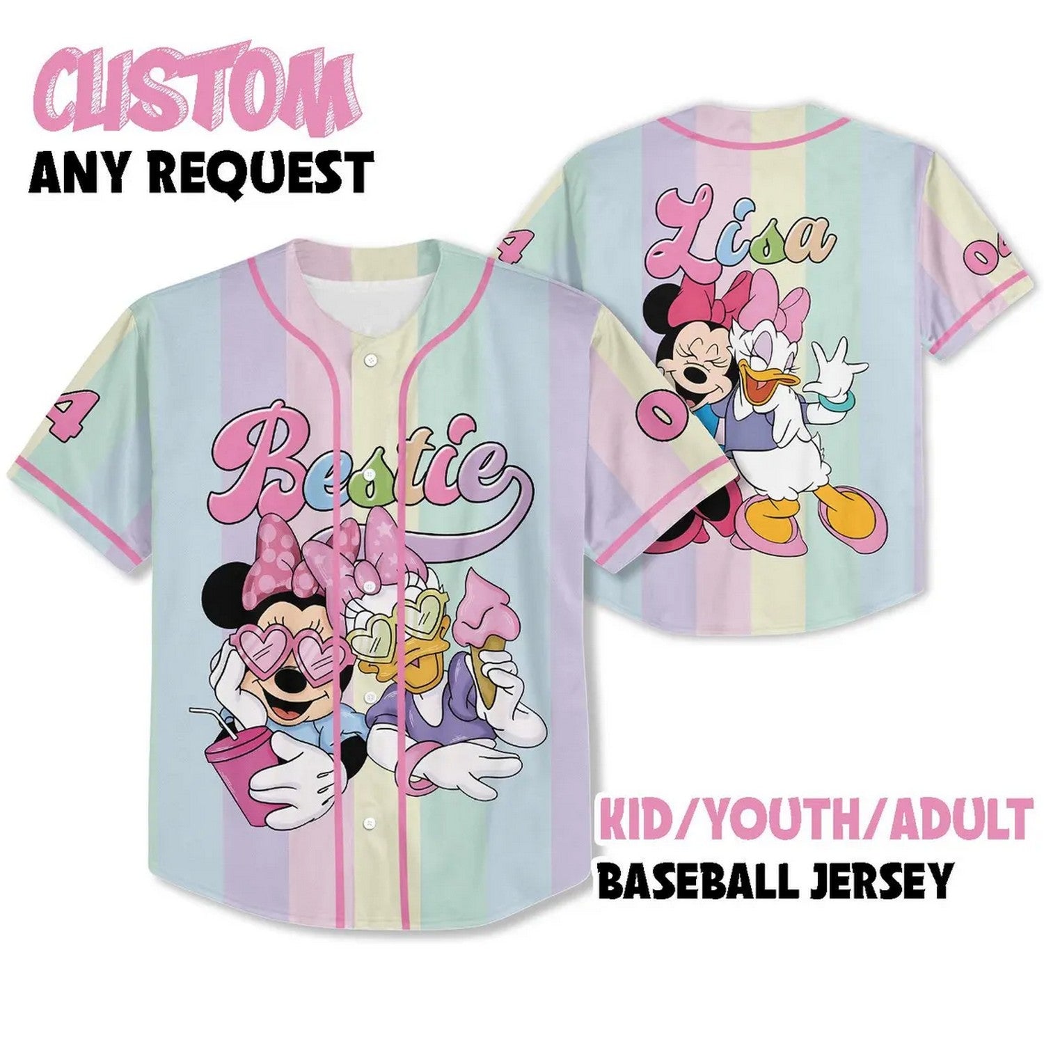 Custom Name And Number Minnie And Daisy Bestie Pastel Baseball Jersey