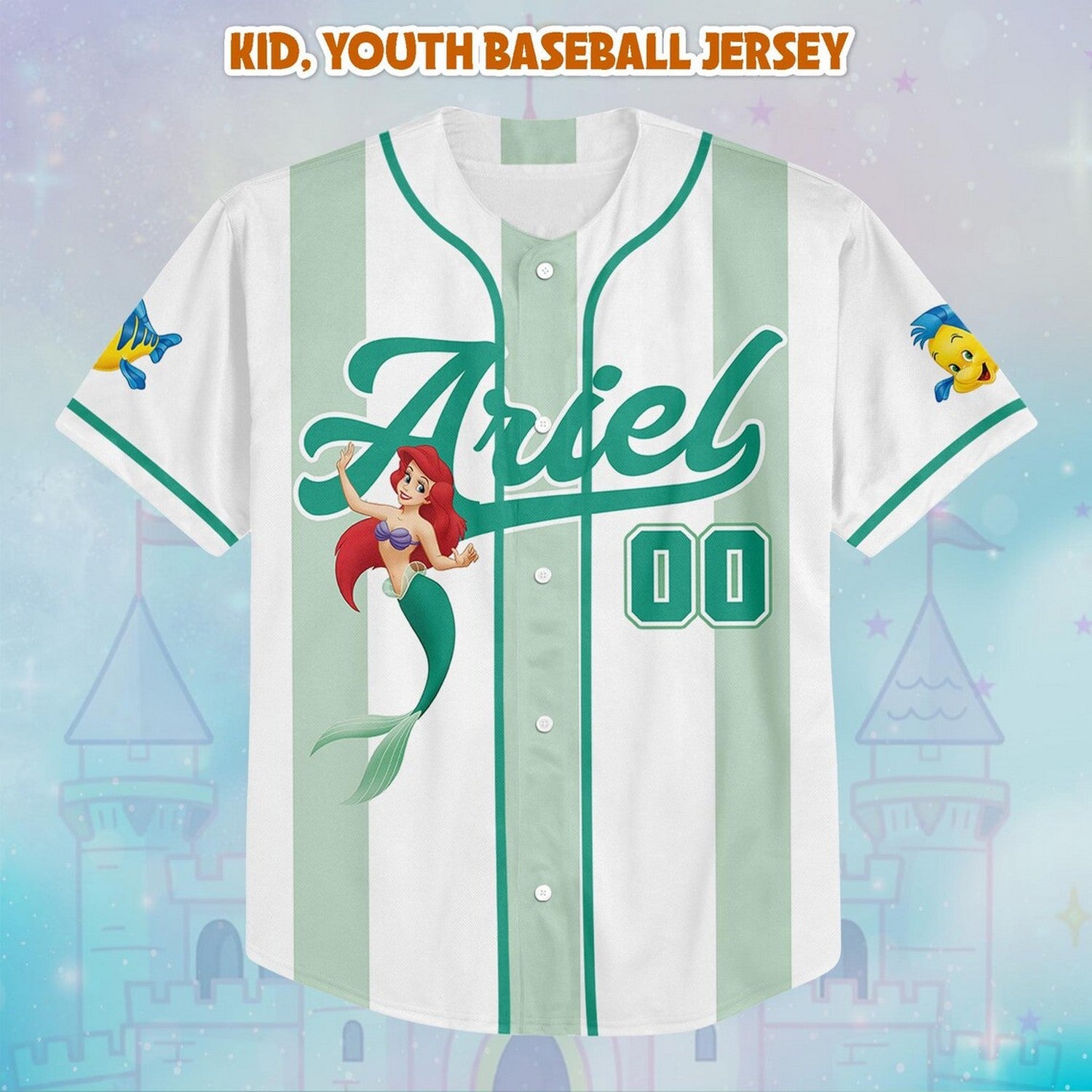 Custom Name And Number The Little Mermaid Princess Ariel Cartoon Green White Baseball Jersey