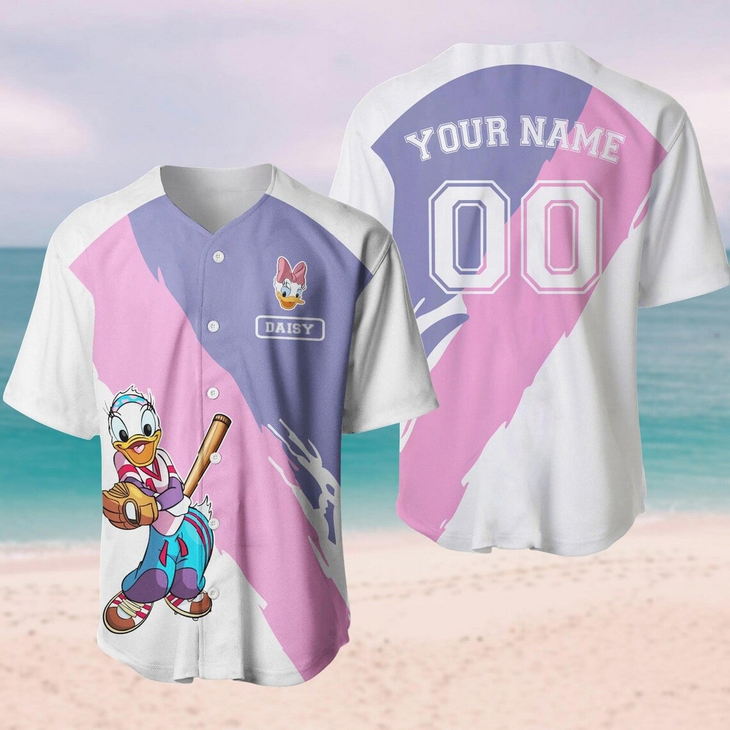 Custom Name Daisy Duck Purlpe Pink White Baseball Jersey