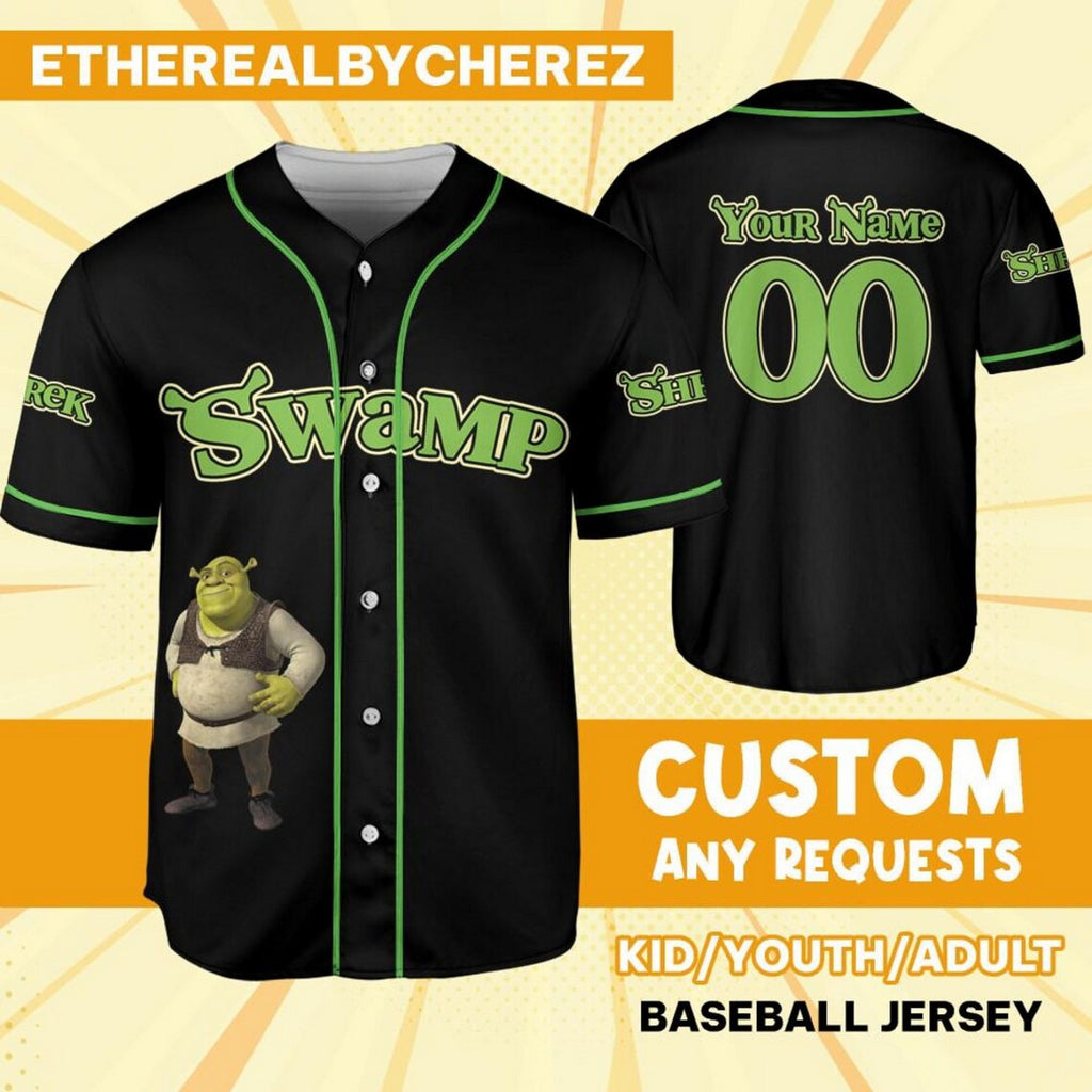 Custom Name Shrek Swamp Black Green Baseball Jersey