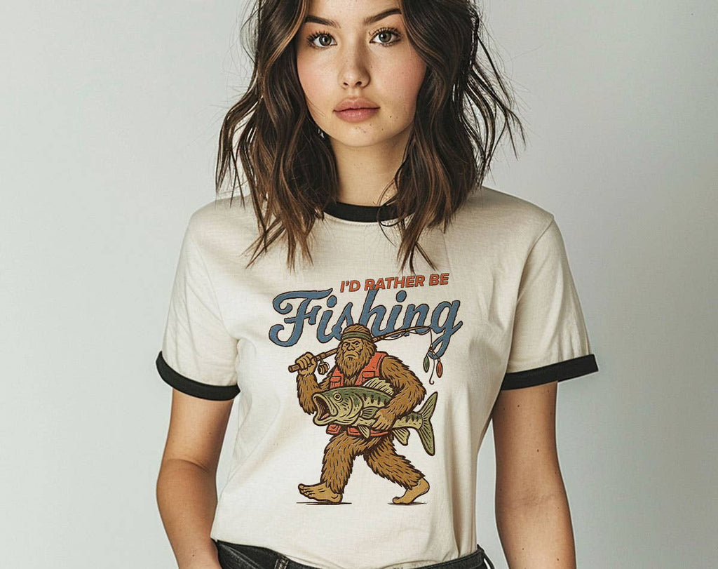 I'd Rather Be Fishing Bigfoot - Funny Fishing Ringer Shirt Hoodie, Sweatshirt | TrendPluzTees.com (Image 1)