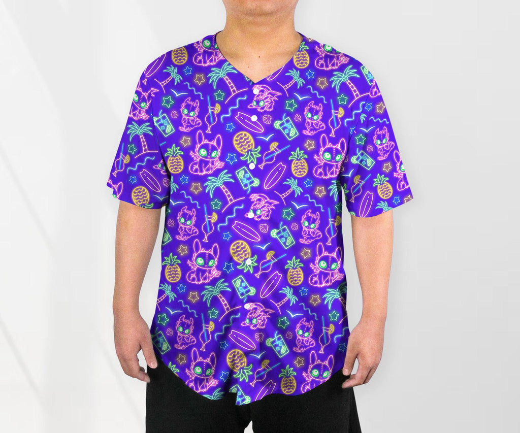 Toothless Baseball Jersey Shirt, Neon Dragon Button Up Shirt, Tropical Beach Style Jersey Gift for Adults, Unisex Dragon Shirt