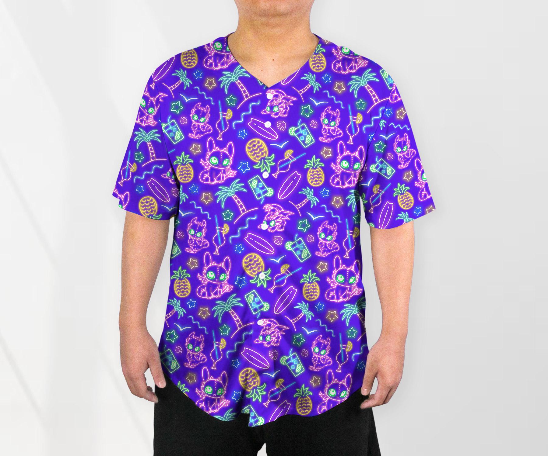 Toothless Baseball Jersey Shirt, Neon Dragon Button Up Shirt, Tropical Beach Style Jersey Gift for Adults, Unisex Dragon Shirt