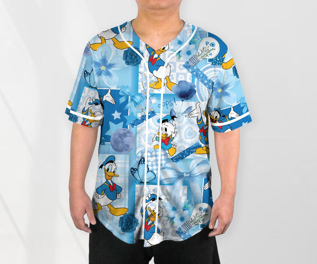 Donald Baseball Jersey Shirt, Cute Duck Button Up Shirt, Pastel Blue Cartoon Jersey Gift for Adults, Unisex Comic Style Shirt