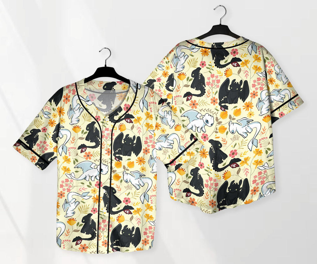 Toothless Baseball Jersey Shirt, Light Fury Dragon Floral Shirt, Cute Fantasy Button Up Gift for Adults, Unisex Dragon Jersey Gift