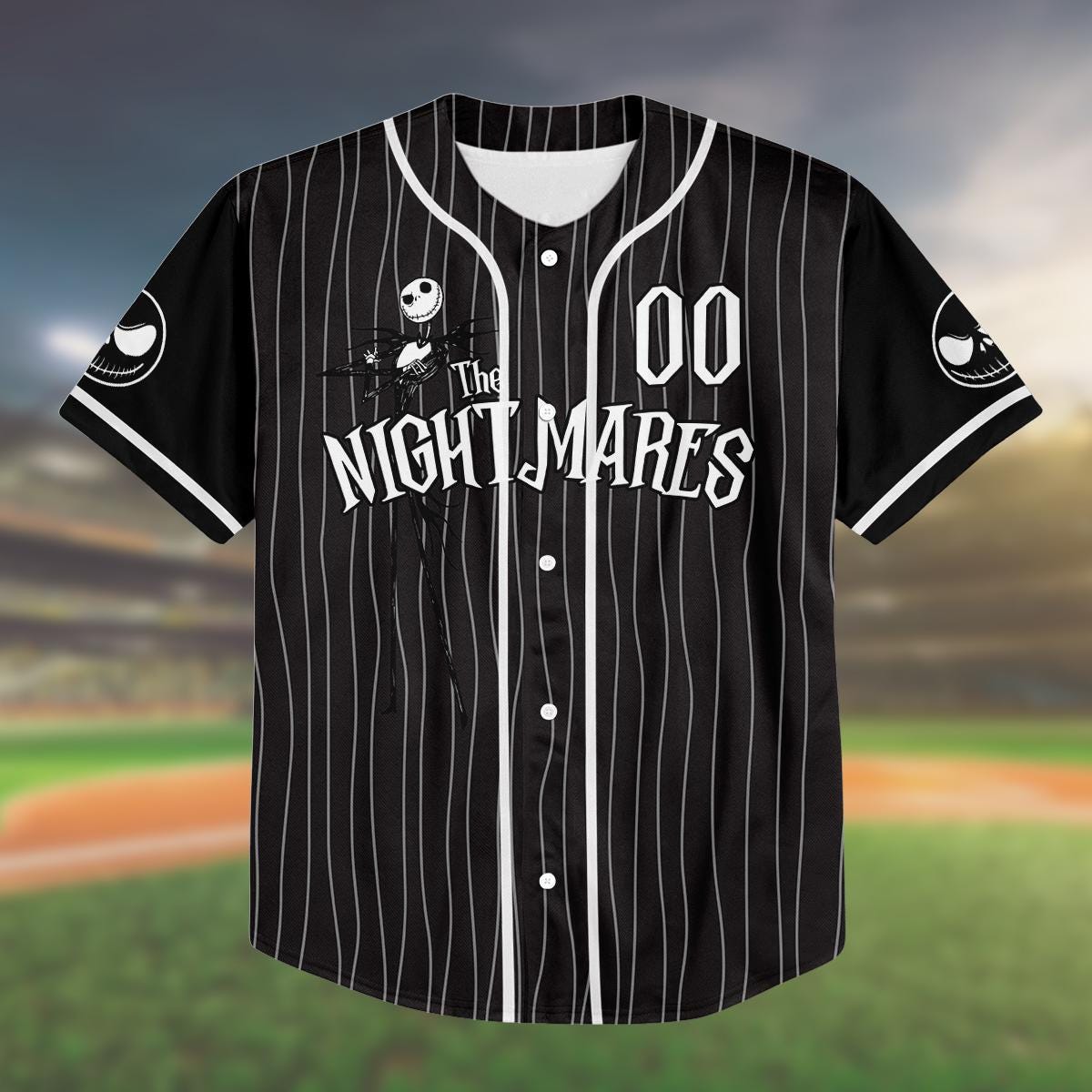 Custom Birthday Baseball Jersey, Jack Skellington Pinstripe Shirt, Personalized Name Number, Spooky Birthday Gift, Halloween Party