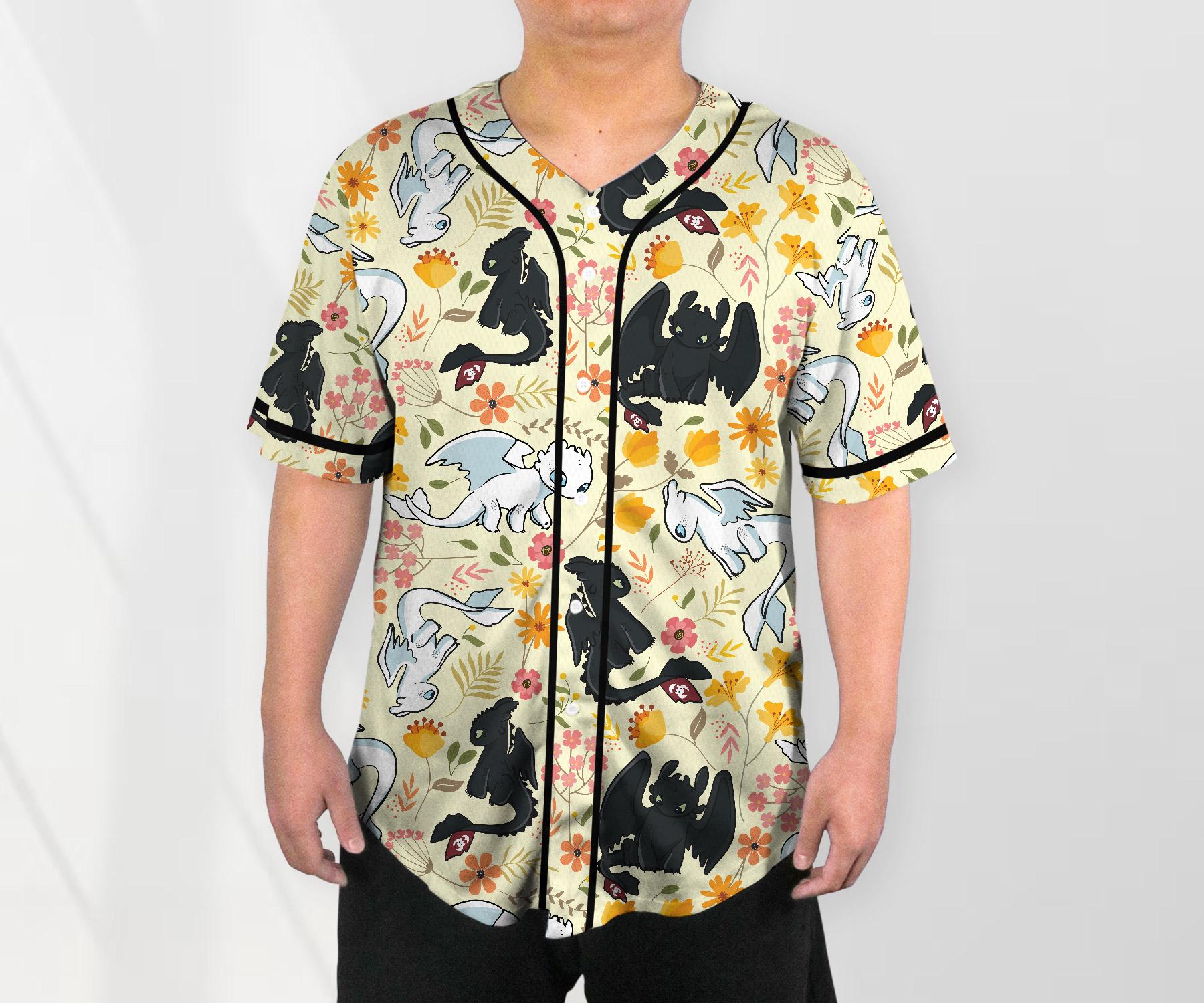 Toothless Baseball Jersey Shirt, Light Fury Dragon Floral Shirt, Cute Fantasy Button Up Gift for Adults, Unisex Dragon Jersey Gift