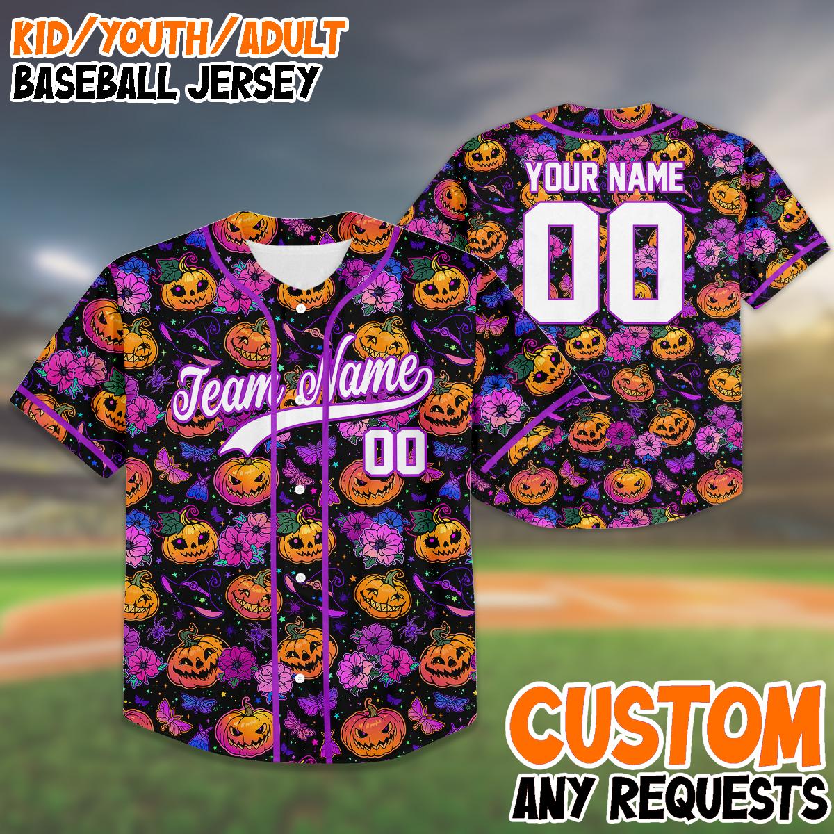 Custom Purple Halloween Baseball Jersey, Kids Youth Adult Shirt, Pumpkin Floral Spooky Outfit, Family Matching Costume Gift