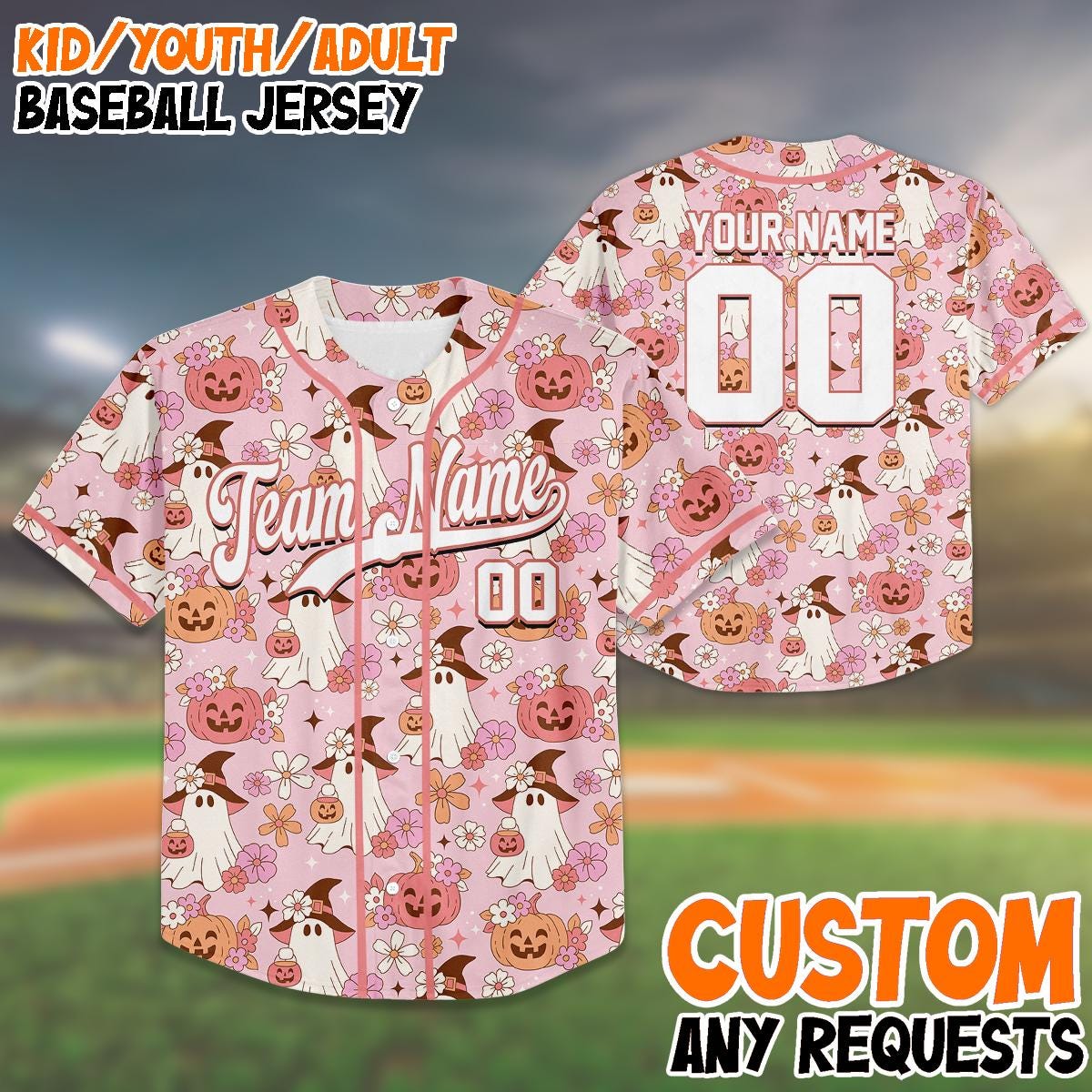 Custom Light Pink Halloween Baseball Jersey, Cute Ghost Pumpkin Shirt, Family Matching Outfit, Personalized Name & Number, Birthday Gift