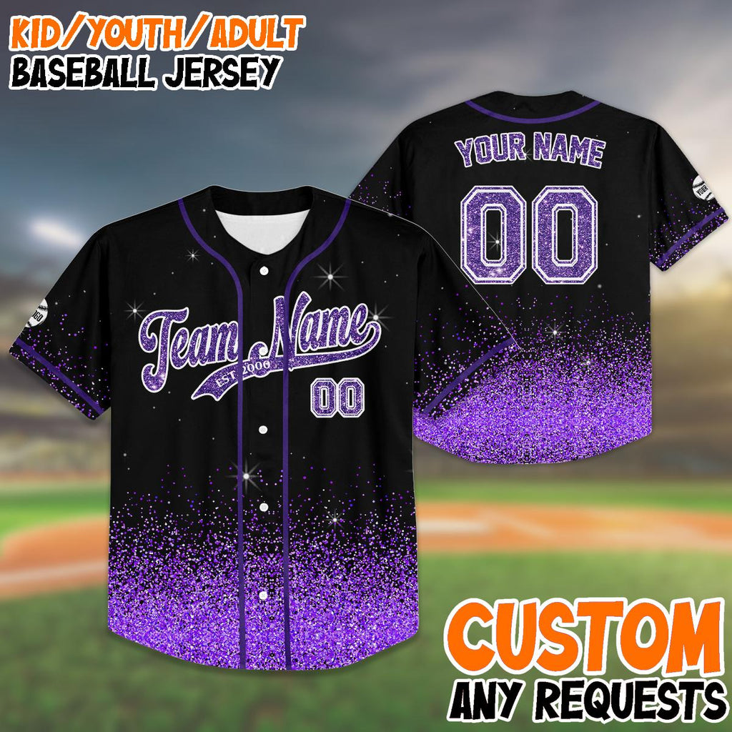 Custom Glitter Baseball Jersey Birthday Gift, Kids And Adults Sparkle Jersey, Personalized Name And Number, Purple Bling Shirt