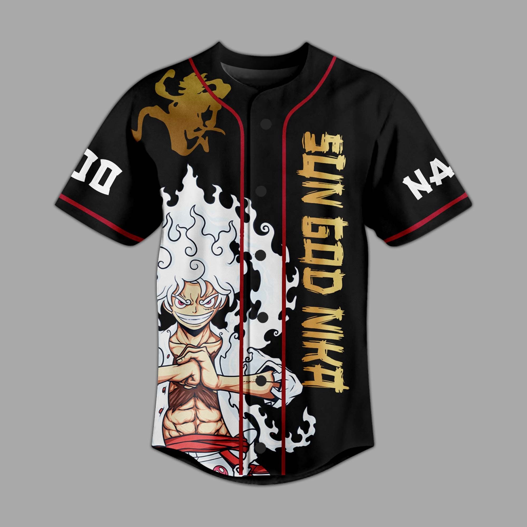 Personalize Black Shirt Sun God Nika Monkey D. Luffy Anime Baseball Jersey