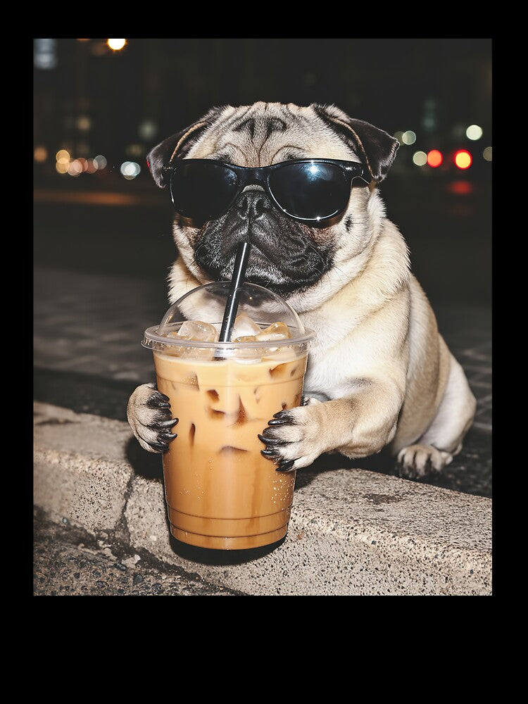 Funny Pug Dog Drinking Iced Coffee by Hedoraxe