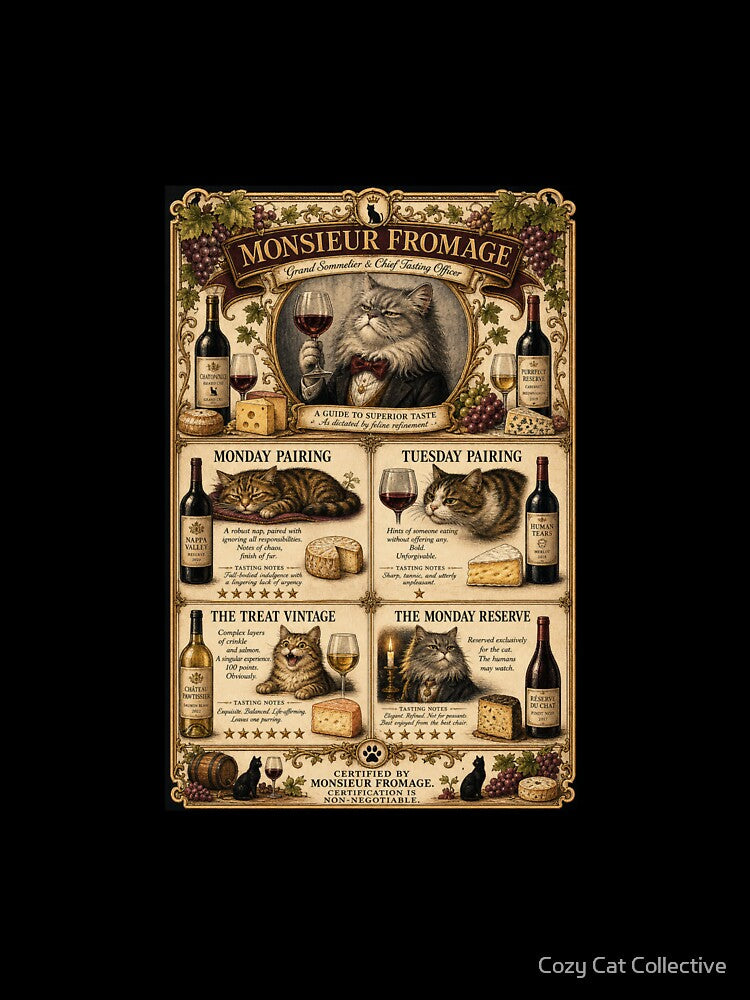 Monsieur Fromage — Cat Wine Sommelier Guide, Vintage Feline Tasting Chart by Cozy Cat Collective