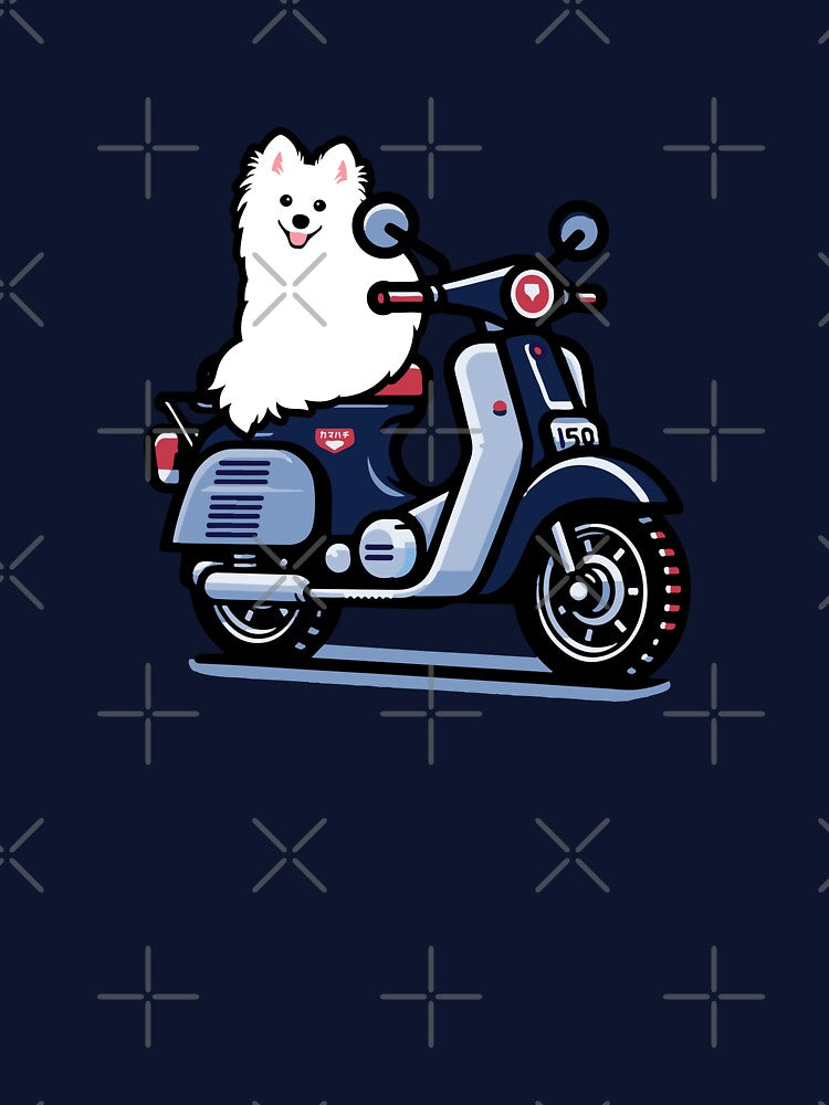 Cute Japanese Spitz Dog on a Super Cub Motorcycle Scooter by kamahachi