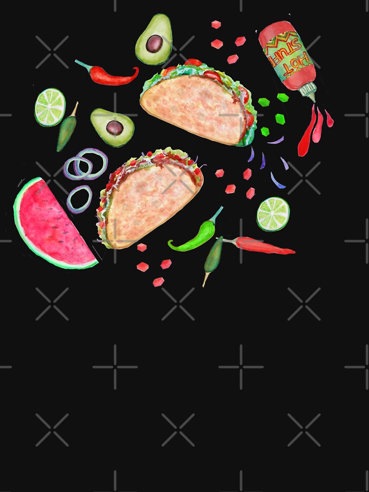 Taco party, chilli sauce , avocado and lime in watercolor by MagentaRose
