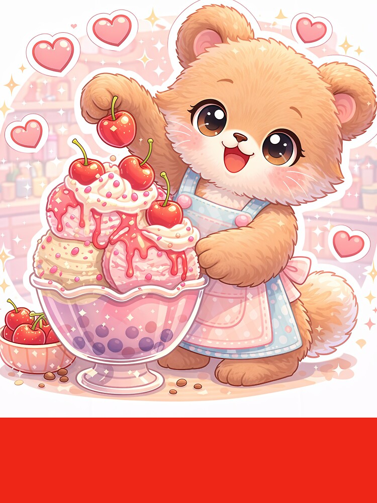 Kawaii Teddy Bear Strawberry Ice Cream Sundae – Cute Pastel Dessert Bear Sticker by Furfolkz