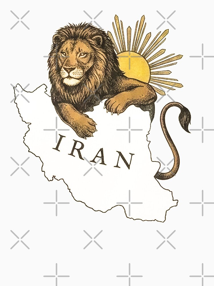 Persian Lion and Sun Over Iran Map – Javid Shah Symbol, Iranian Heritage Design, Shir o Khorshid Art by Mossypixels