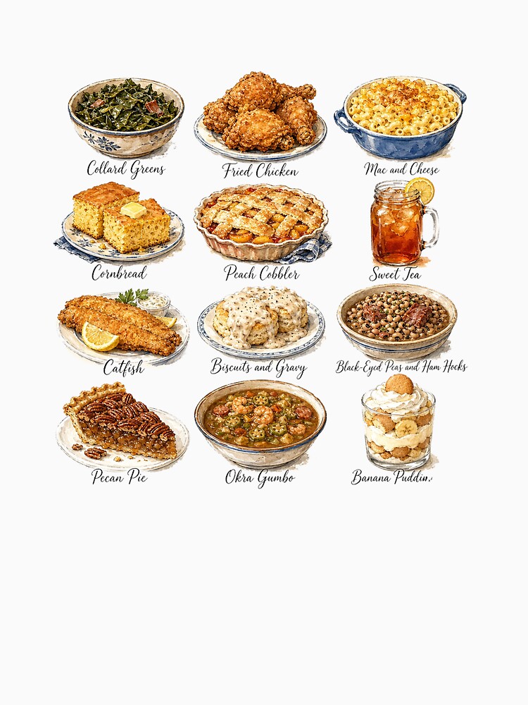 Southern Comfort Food Watercolor Illustration Grid – Cozy Vintage Kitchen Art by Verycutethings