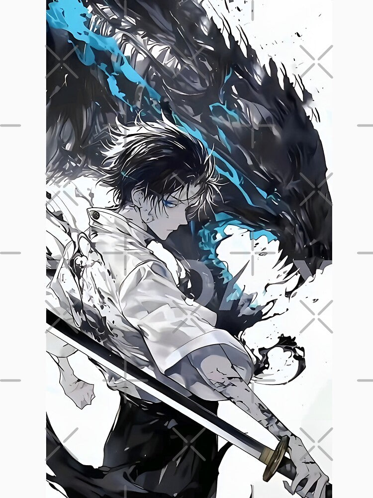 Dark Anime Swordsman With Shadow Beast – Blue Aura Samurai Art by Dyan4