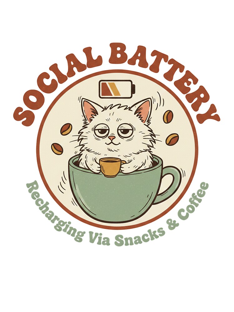 Social Battery Recharging Via Snacks and Coffee Introvert Cat by CozyPanicStudio