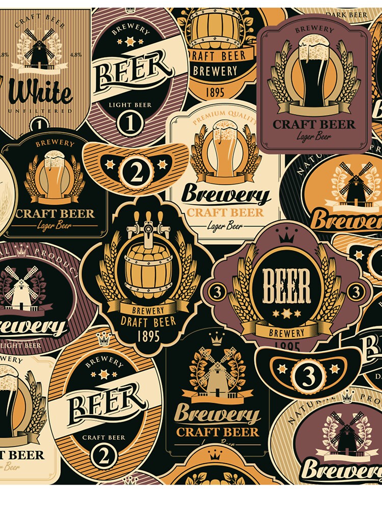 beer with various beer labels with images of barrels, beer glasses, mills, laurel wreathes by Huynhdesign
