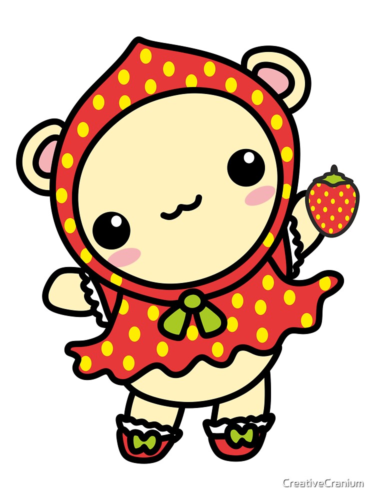 Precious Kawaii Teddy Bear In Cute Strawberry Outfit Holding Strawberry by CreativeCranium