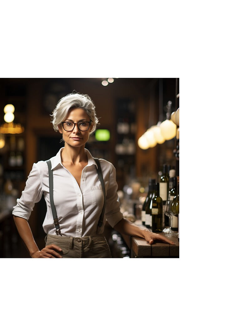 Senior Lady Sommelier Decanting Wine for Upscale Restaurant by TheBrainArt