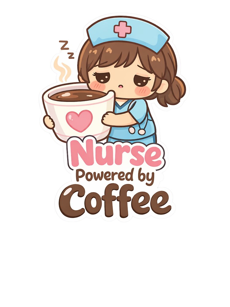 Tired Nurse Powered by Coffee - Cute Chibi Healthcare Illustration with Steaming Mug by shemodas