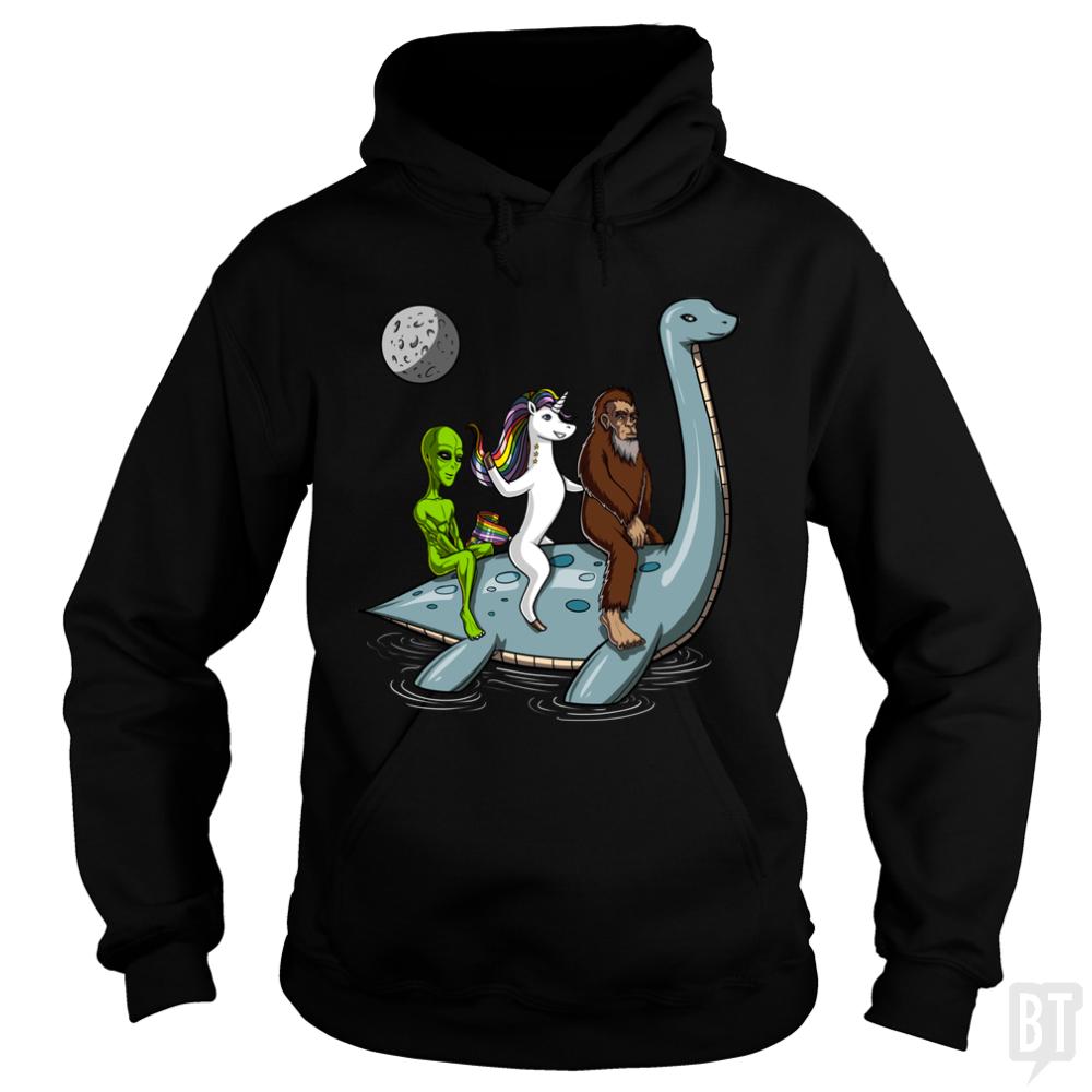 Alien Unicorn Bigfoot Ridding Loch Ness Hoodie