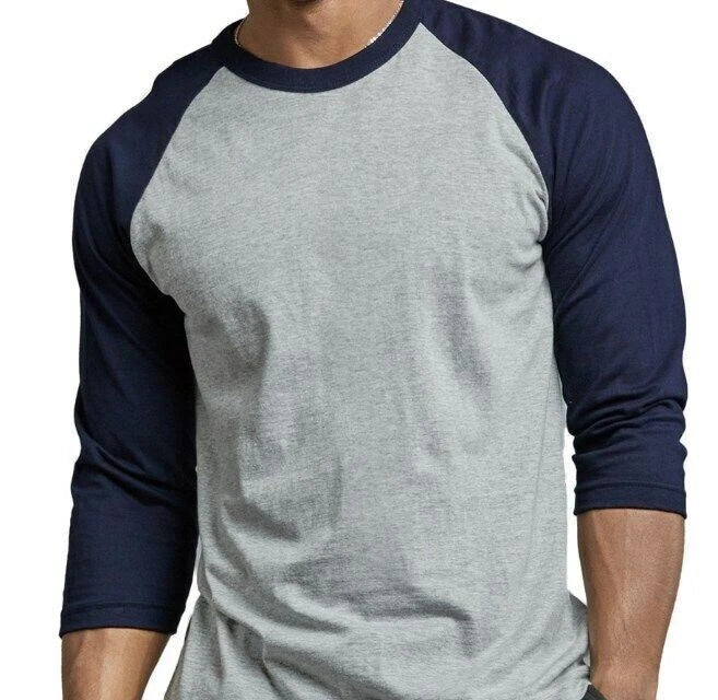 Men's Cotton Raglan Sleeve Baseball Tee Shirt Navy/L. Gray LongSleeve-Pick Size