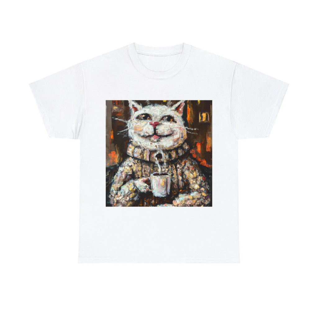 Cat Fine Art T Shirt Unisex Feline Wearing Comfy Sweater and Drinking Coffee