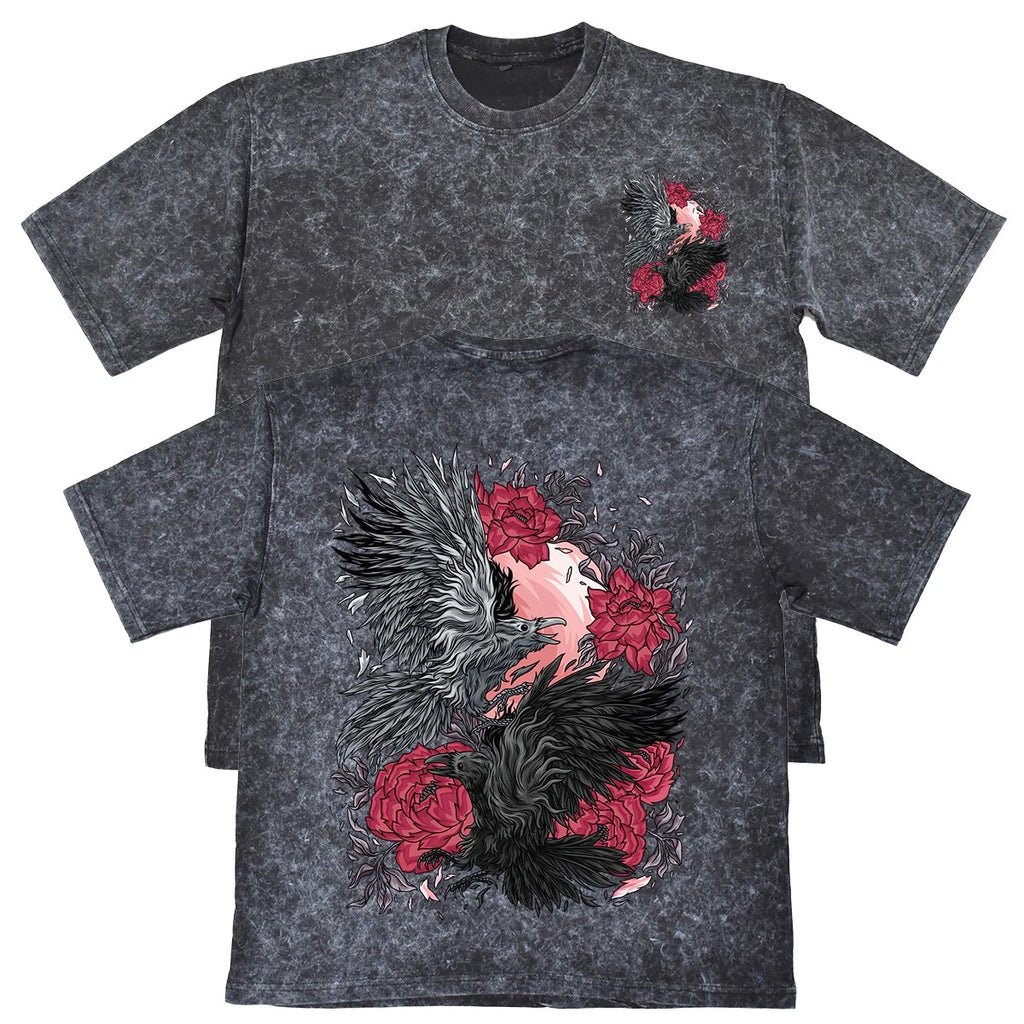 Unisex Mens Carbon Grey 240gsm Acid Wash T-Shirt Japanese Raven Tattoo Gift